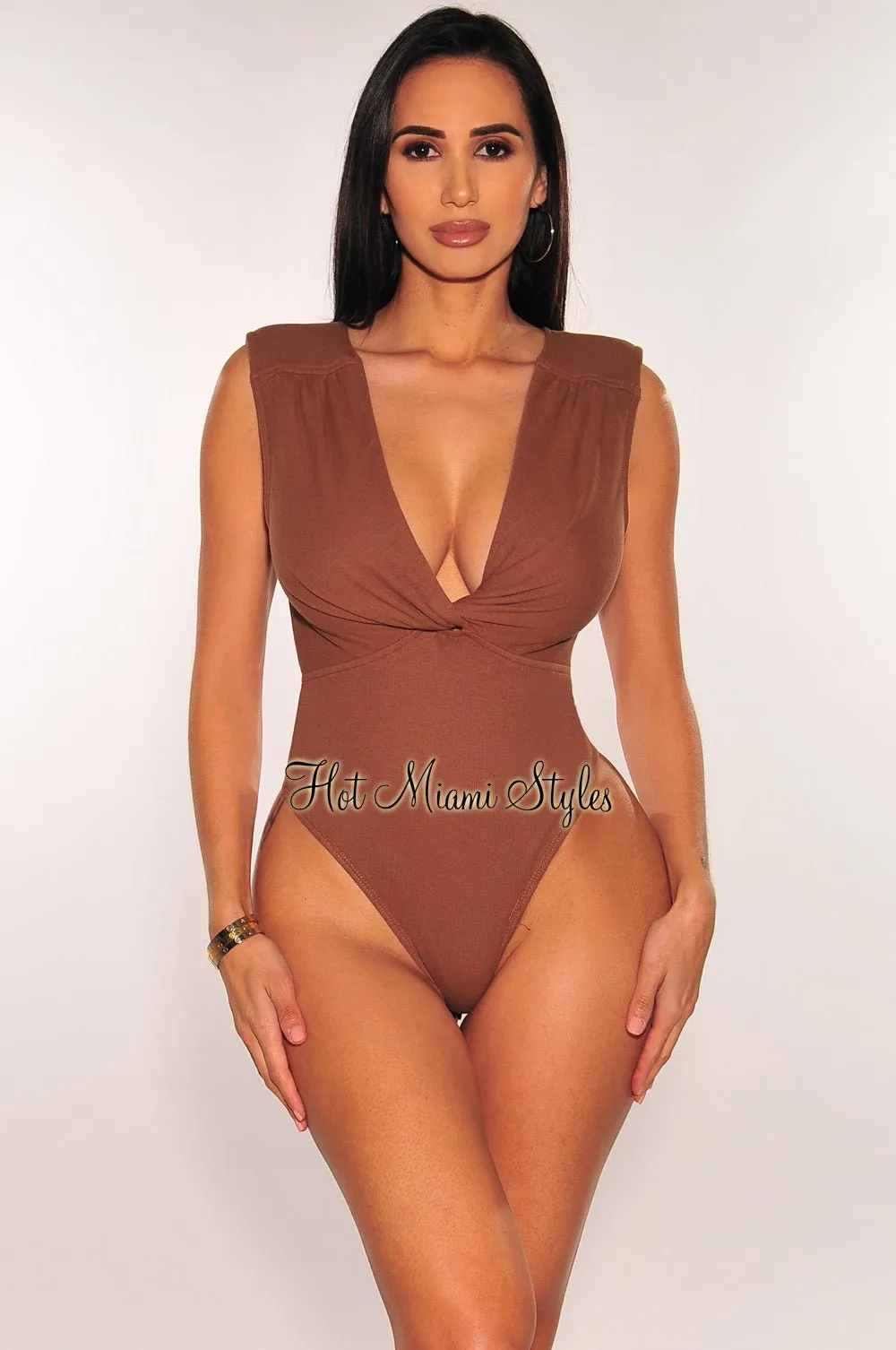 Mocha Ribbed Sleeveless V Neck Knotted Open Back Bodysuit sold by Hot Miami Styles