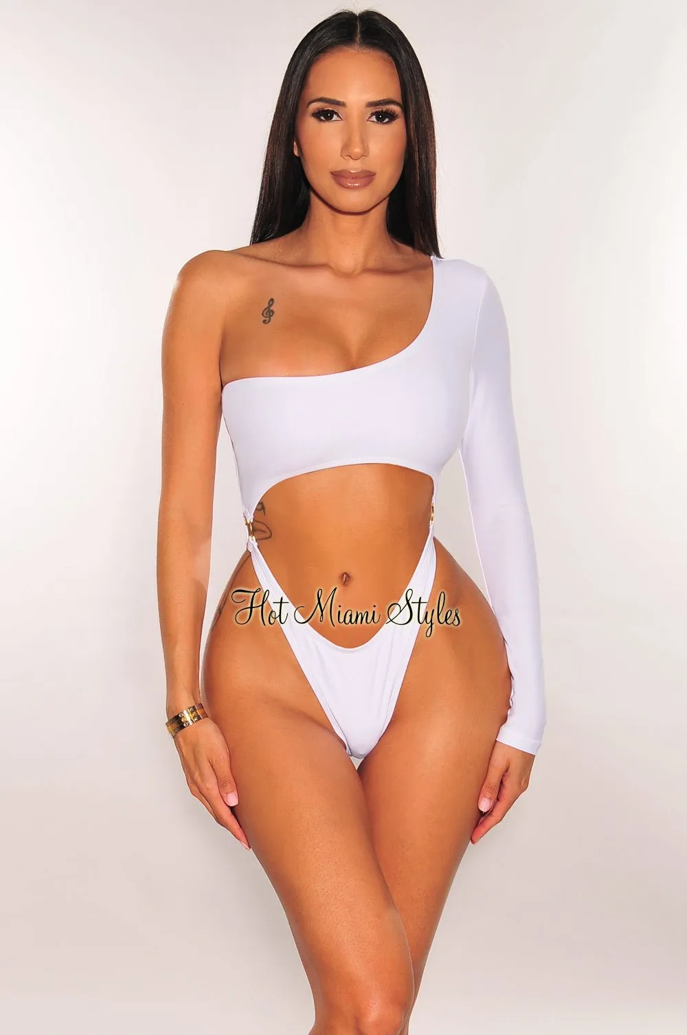 White One Sleeve Cut Out O-Ring High Cut Swimsuit sold by Hot Miami Styles