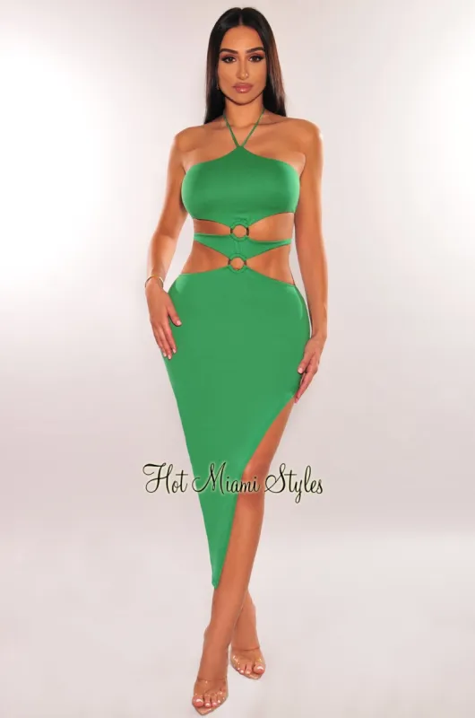 Emerald Halter Cut Out O-Ring Tie Up Slit Dress sold by Hot Miami Styles