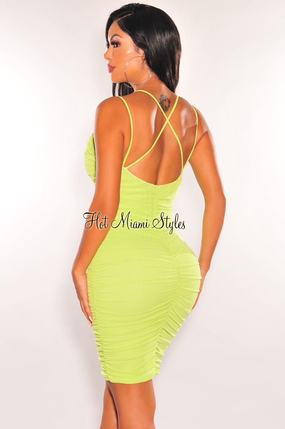 Neon Lime Mesh Spaghetti Straps Ruched Mini Dress sold by Hot Miami Styles product image thumbnail 2