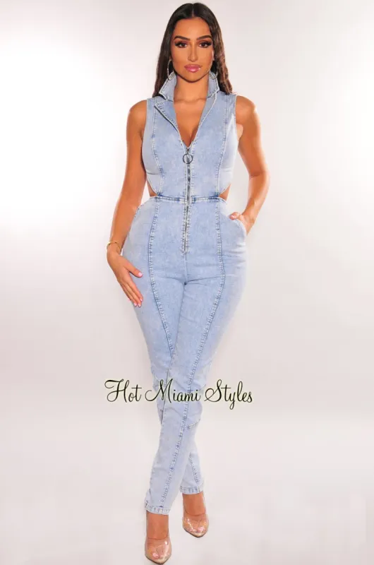 Light Wash Denim Collared Sleeveless Zipper Cut Out Jumpsuit sold by Hot Miami Styles