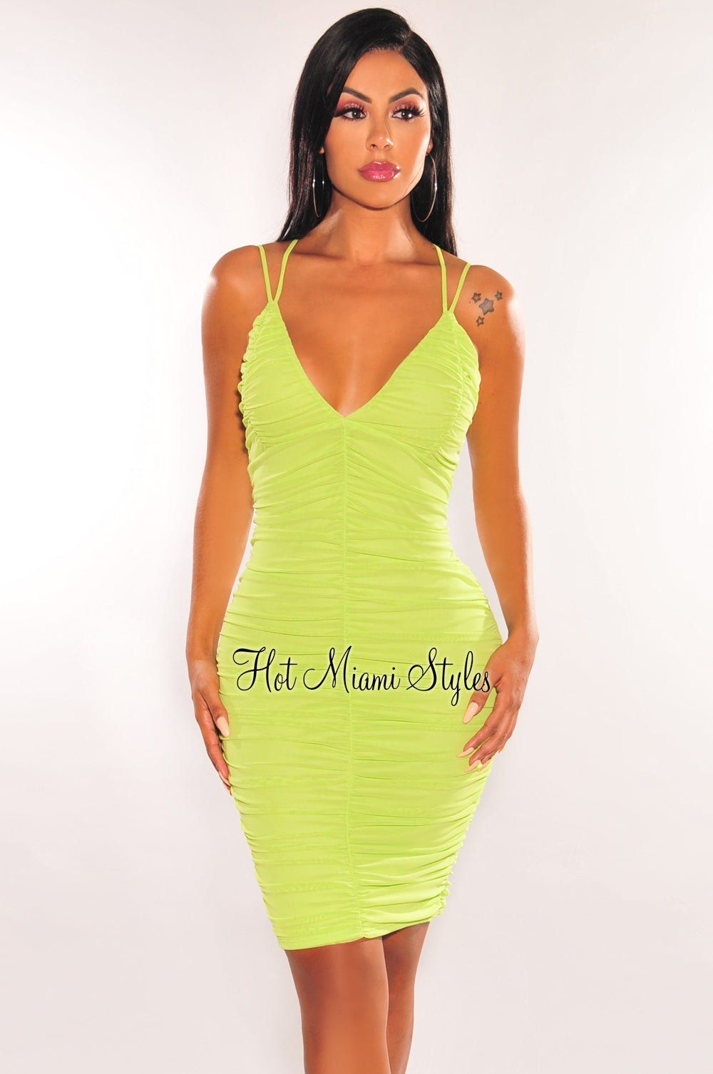 Neon Lime Mesh Spaghetti Straps Ruched Mini Dress sold by Hot Miami Styles