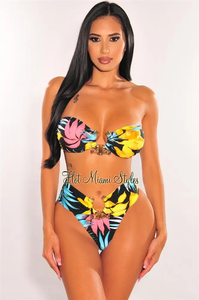 Black Floral Print Padded Bandeau Gold Ring High Cut Bikini Top sold by Hot Miami Styles