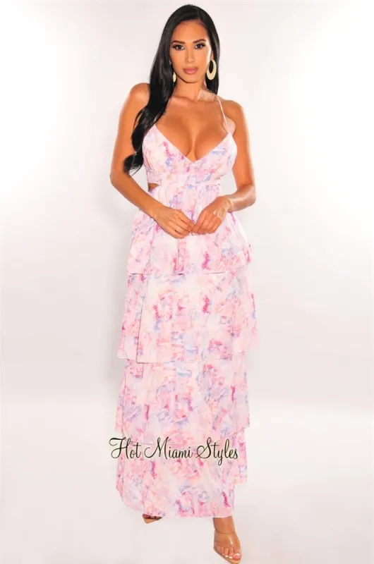 White Pink Print Spaghetti Straps Cut Out Layered Maxi Dress sold by Hot Miami Styles