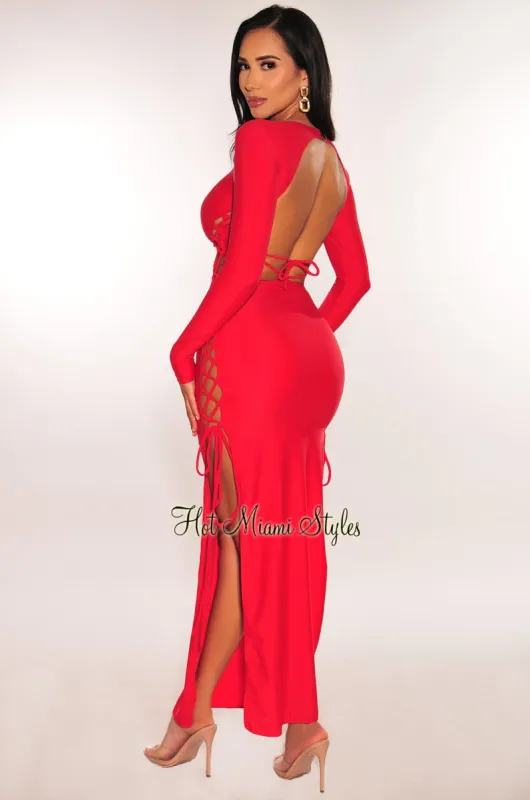 Red Lace Up Cut Out Double Slit Long Sleeve Dress sold by Hot Miami Styles