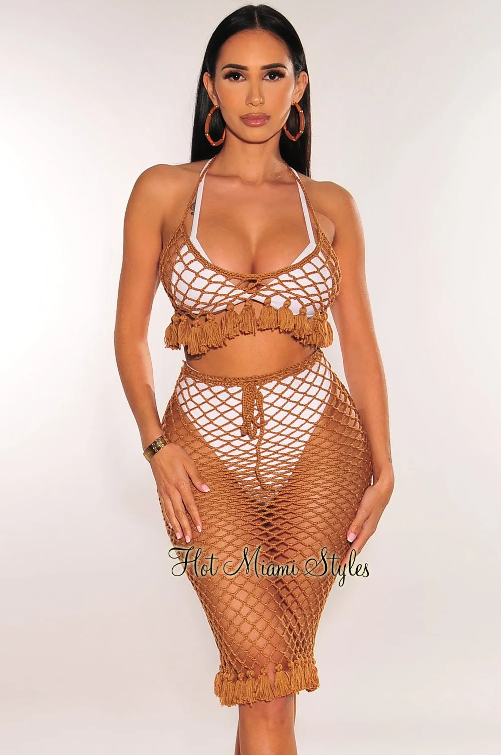 Mocha Crochet Halter Fringe Hem Skirt Two Piece Set Cover Up sold by Hot Miami Styles