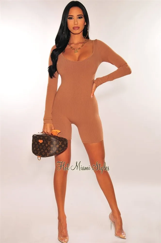 Mocha Ribbed Knit Round Neck Long Sleeves Romper sold by Hot Miami Styles product image thumbnail 4