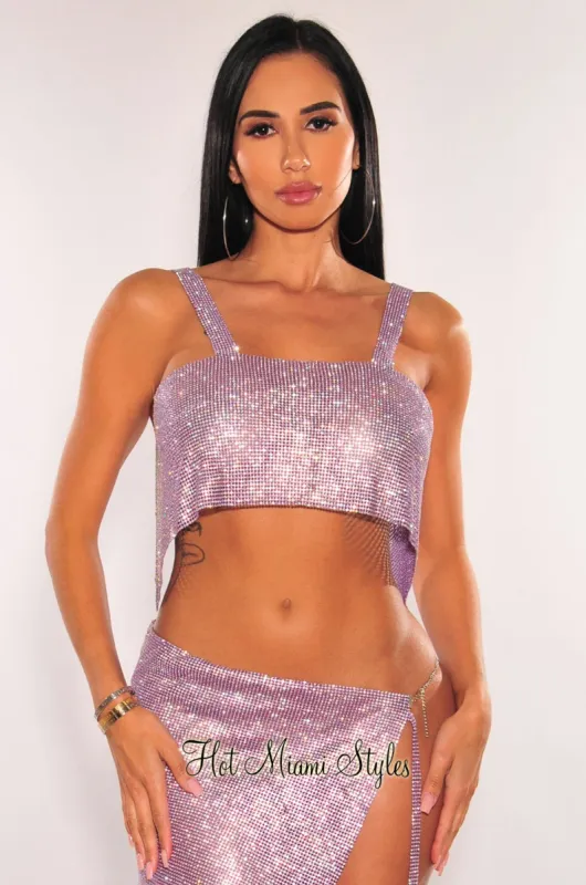 Lilac Rhinestone Mesh Chain Crop Top sold by Hot Miami Styles