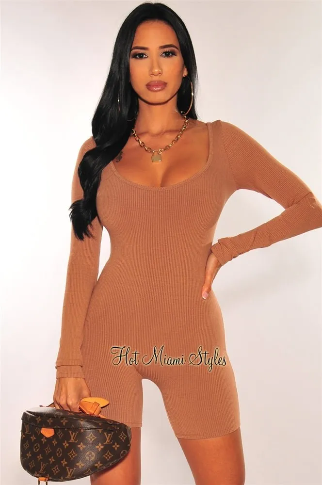 Mocha Ribbed Knit Round Neck Long Sleeves Romper sold by Hot Miami Styles