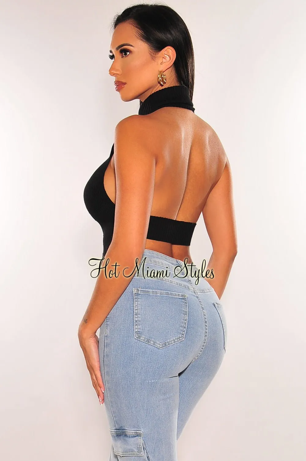 Black Ribbed Knit Turtleneck Sleeveless Asymmetrical Crop Top sold by Hot Miami Styles product image thumbnail 2