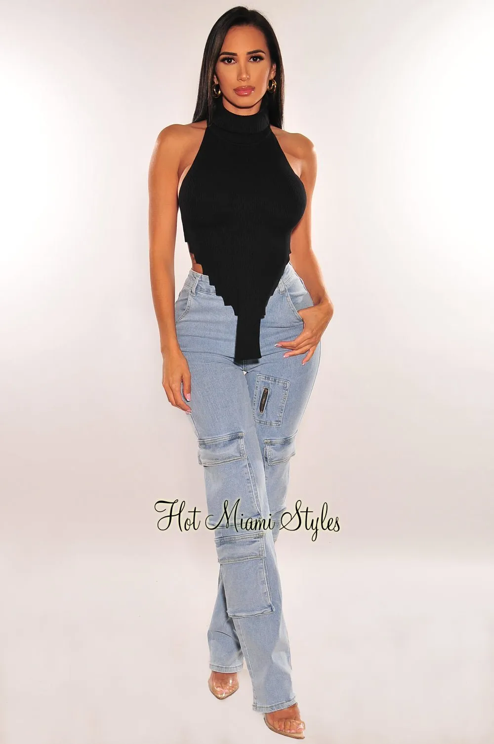 Black Ribbed Knit Turtleneck Sleeveless Asymmetrical Crop Top sold by Hot Miami Styles product image thumbnail 3