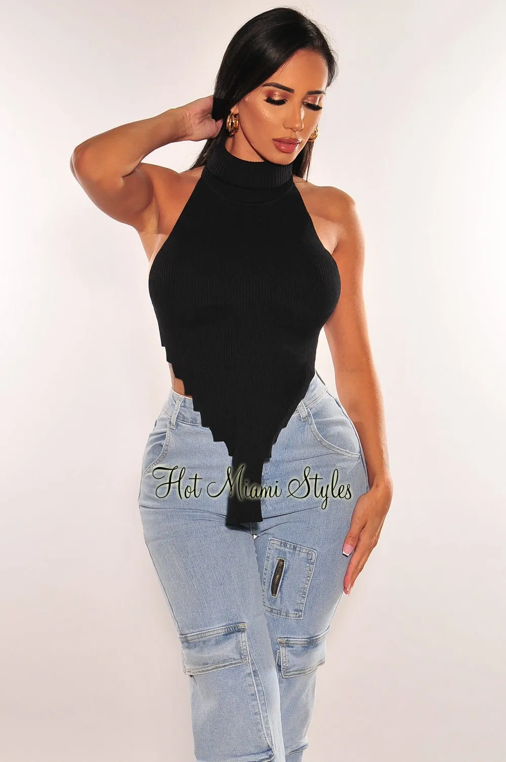 Black Ribbed Knit Turtleneck Sleeveless Asymmetrical Crop Top sold by Hot Miami Styles