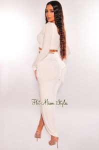 White O-Ring Wrap Around Long Sleeve Slit Skirt Two Piece Set sold by Hot Miami Styles