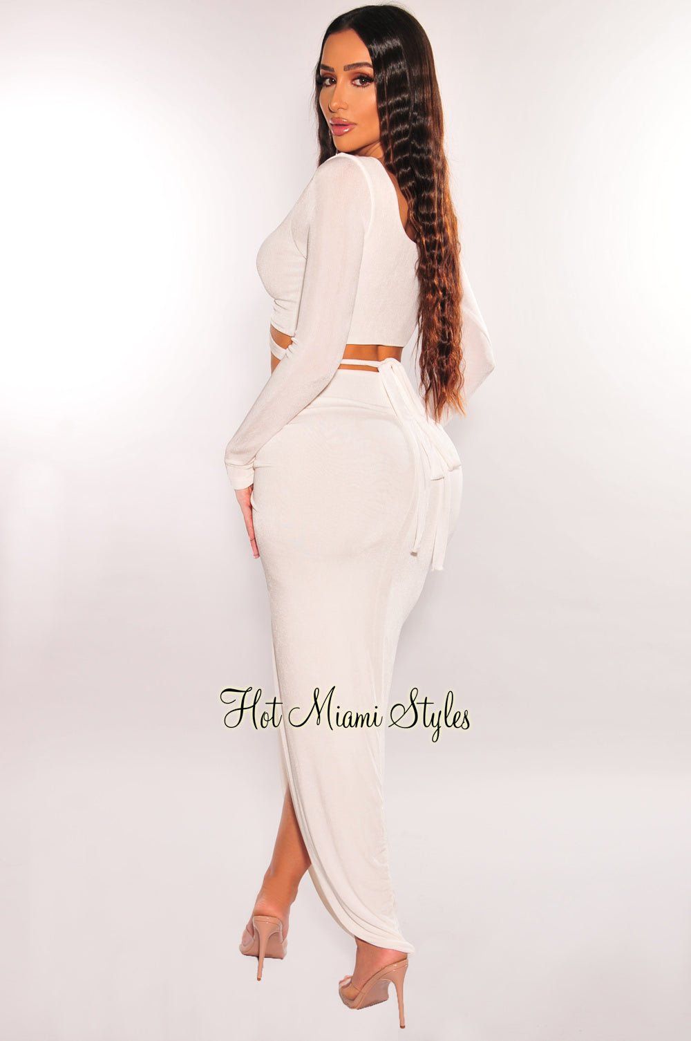 White O-Ring Wrap Around Long Sleeve Slit Skirt Two Piece Set sold by Hot Miami Styles product image thumbnail 2