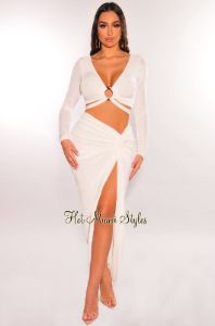 White O-Ring Wrap Around Long Sleeve Slit Skirt Two Piece Set sold by Hot Miami Styles