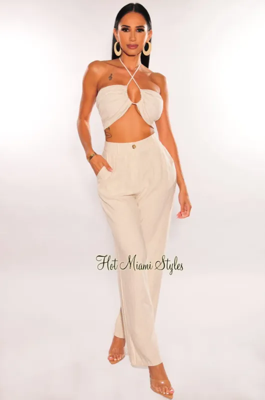 Taupe Linen High Waist Wide Leg Pants sold by Hot Miami Styles