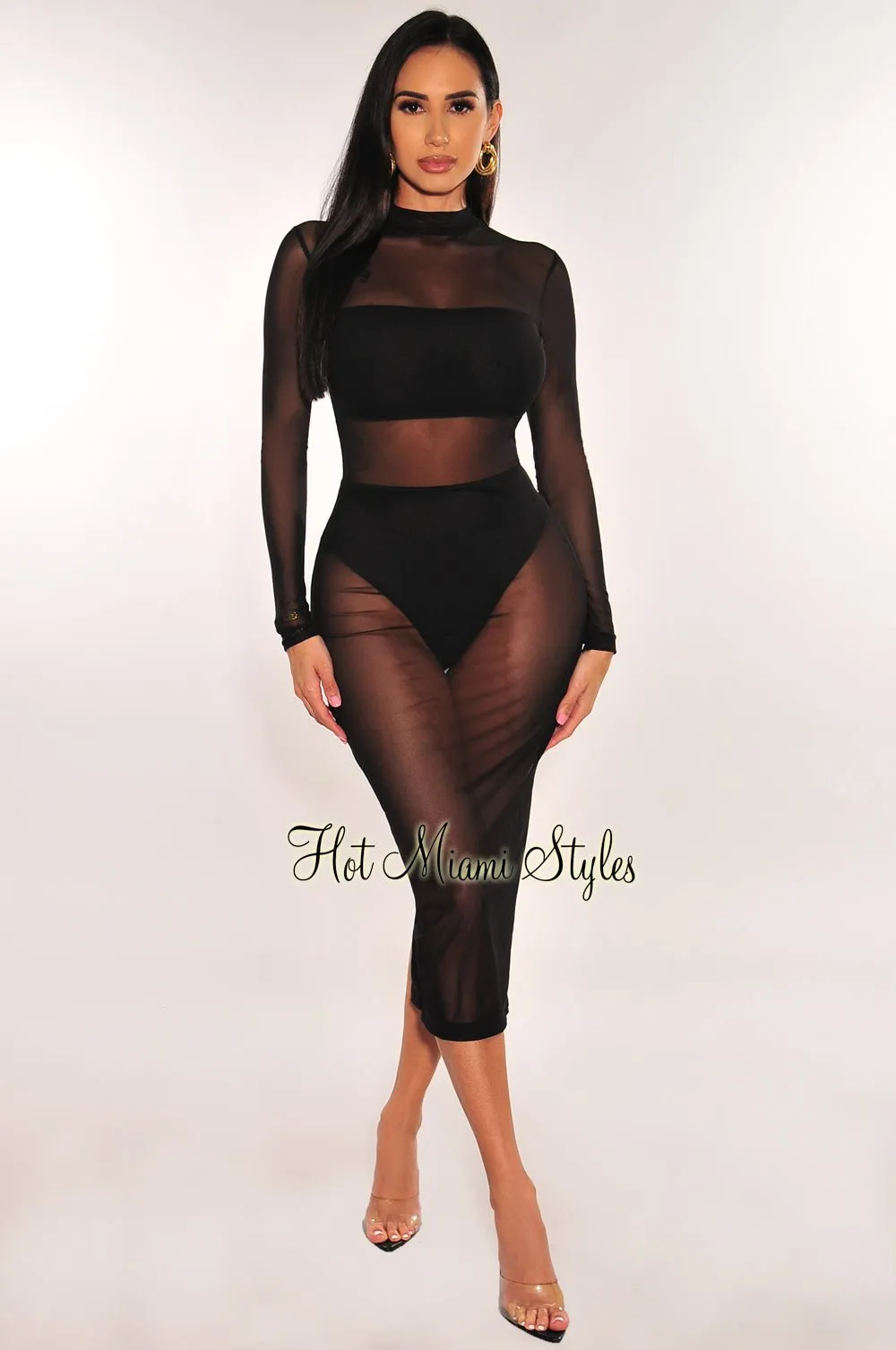 Black Mock Neck Sheer Mesh Long Sleeve Dress sold by Hot Miami Styles
