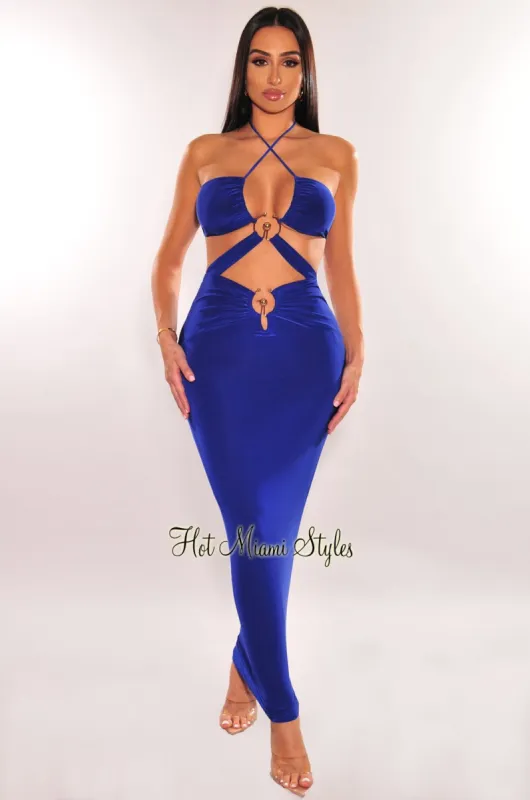 Royal Blue Gold Ring Halter Strappy Cut Out Maxi Dress sold by Hot Miami Styles