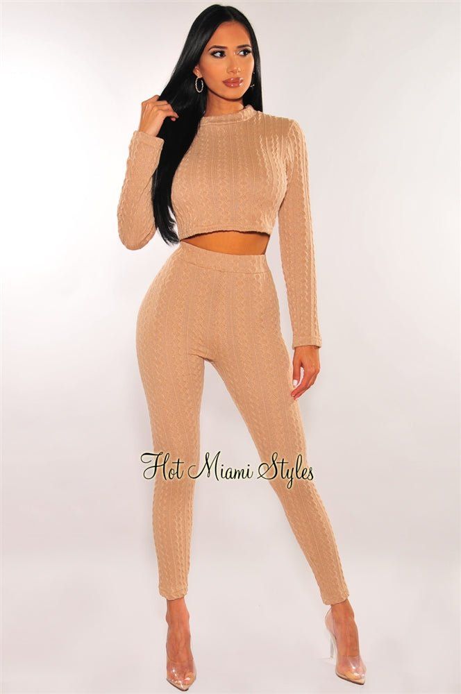 HMS Lounge: Mocha Cable Knit Long Sleeve Pants Two Piece Set sold by Hot Miami Styles