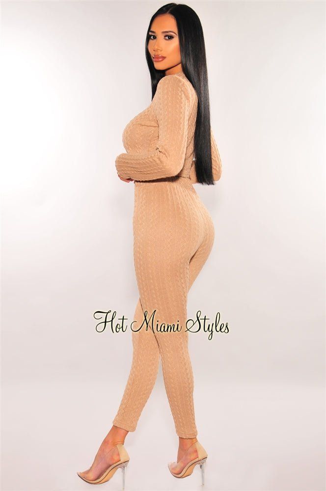 HMS Lounge: Mocha Cable Knit Long Sleeve Pants Two Piece Set sold by Hot Miami Styles product image thumbnail 2
