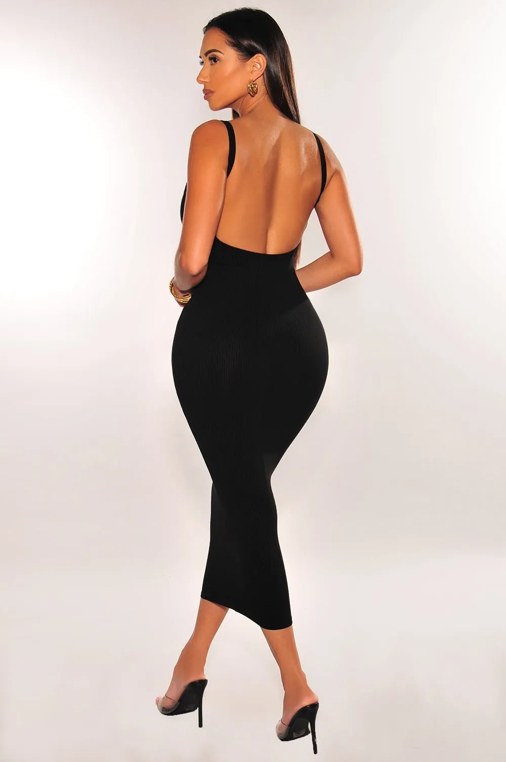 Black Ribbed Spaghetti Strap Sleeveless Open Back Midi Dress sold by Hot Miami Styles