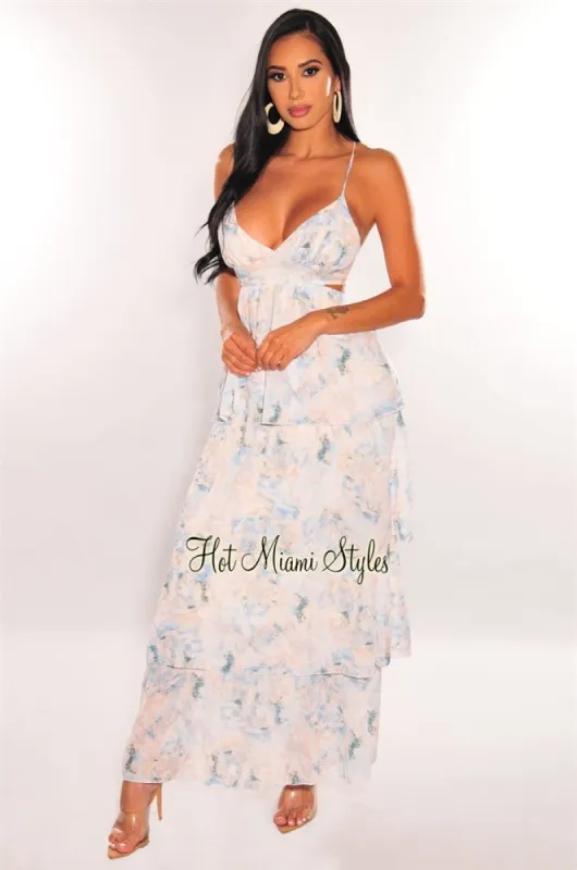 White Blue Print Spaghetti Straps Cut Out Layered Maxi Dress sold by Hot Miami Styles