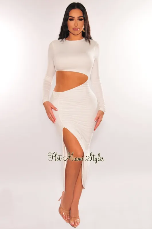White Mock Neck Long Sleeve Cut Out Ruched Slit Dress sold by Hot Miami Styles