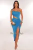 Turquoise One Shoulder Tie Up Cut Out Ruched Slit Midi Dress sold by Hot Miami Styles