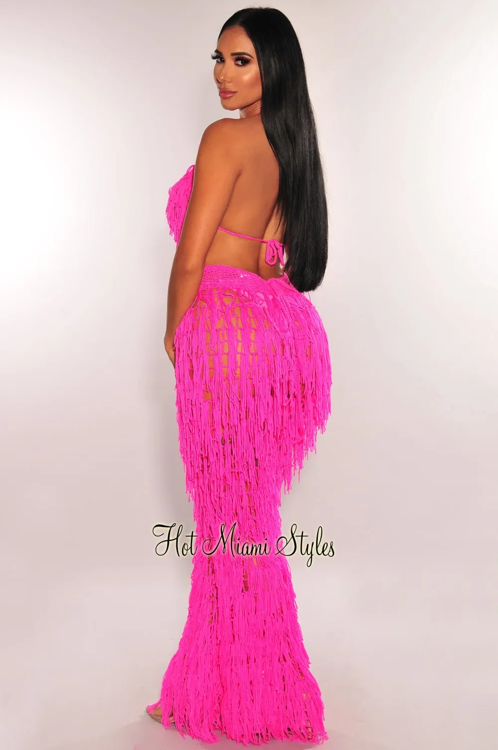 Hot Pink Crochet Halter Fringe Pants Two Piece Set Cover Up sold by Hot Miami Styles product image thumbnail 2
