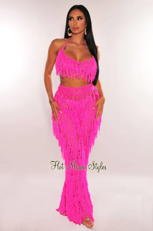 Hot Pink Crochet Halter Fringe Pants Two Piece Set Cover Up sold by Hot Miami Styles