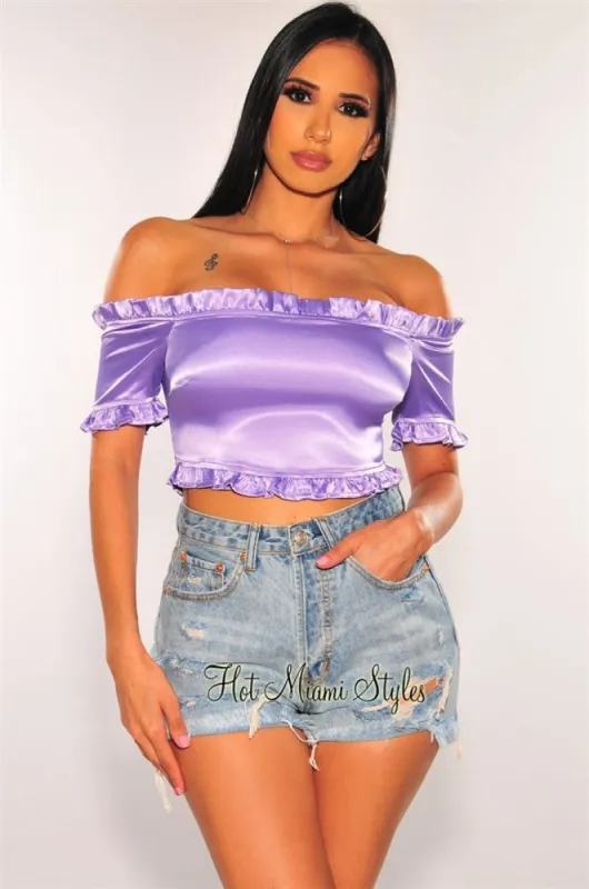 Lavender Satin Off Shoulder Ruffle Crop Top sold by Hot Miami Styles