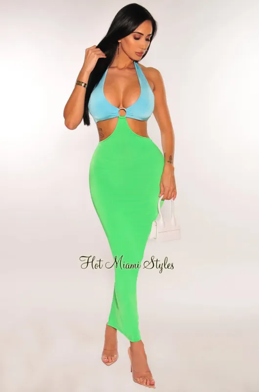 Blue Green Halter O Ring Cut Out Slit Midi Dress sold by Hot Miami Styles