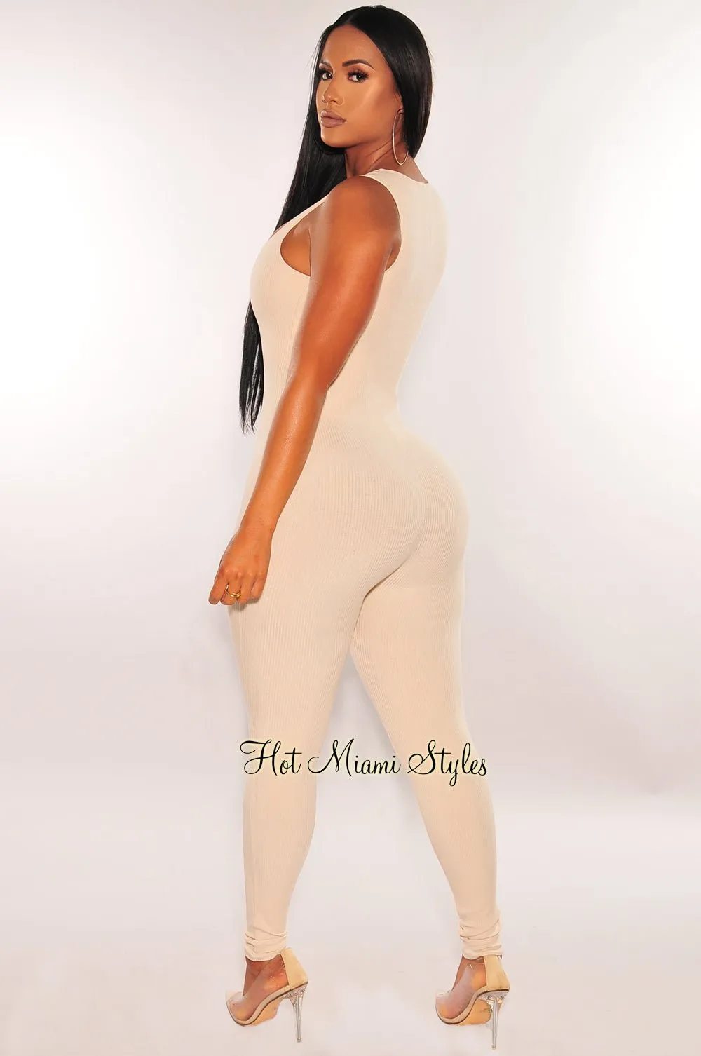 Nude Ribbed Sleeveless Square Neck Jumpsuit sold by Hot Miami Styles product image thumbnail 4