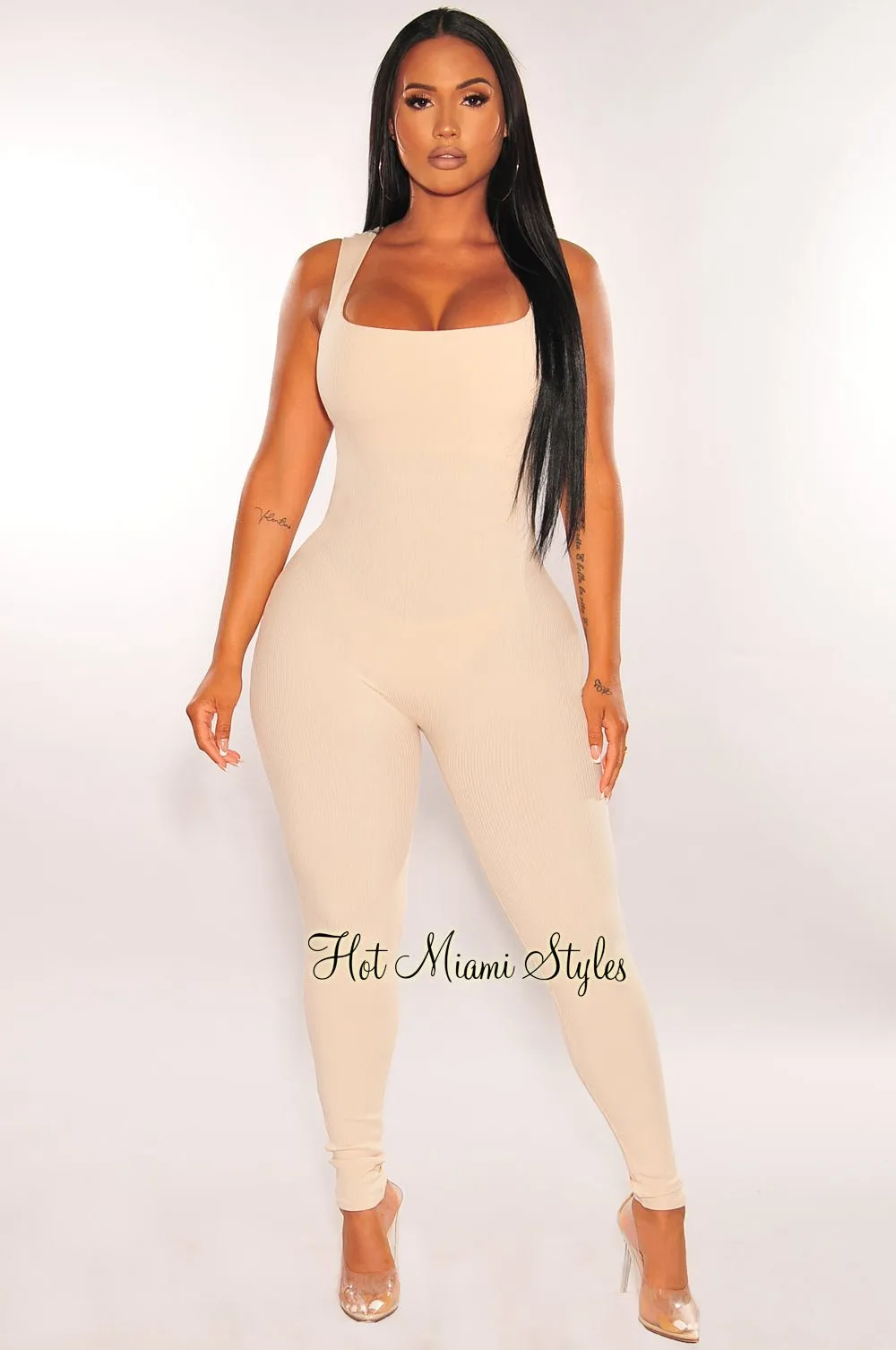 Nude Ribbed Sleeveless Square Neck Jumpsuit sold by Hot Miami Styles product image thumbnail 3