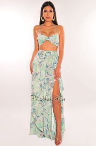 Mint Floral Print Halter Slit Layered Maxi Skirt Two Piece Set sold by Hot Miami Styles