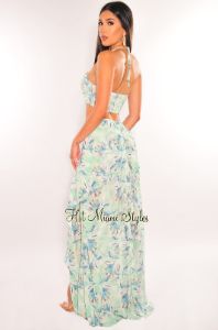 Mint Floral Print Halter Slit Layered Maxi Skirt Two Piece Set sold by Hot Miami Styles