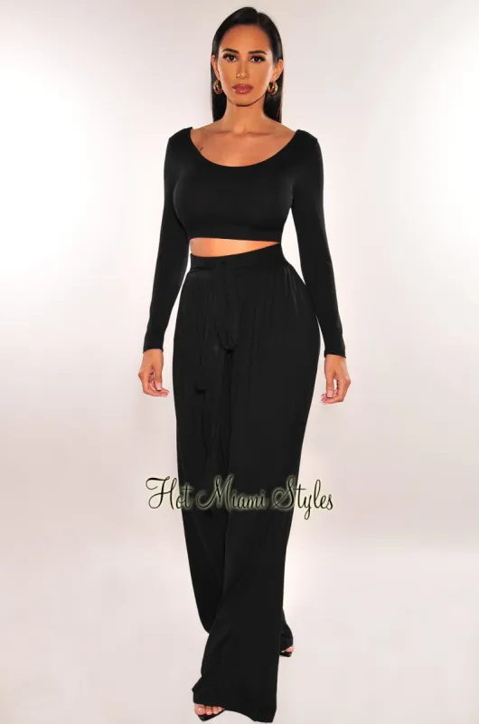 Black Round Neck Long Sleeve Palazzo Pant Two Piece Set sold by Hot Miami Styles