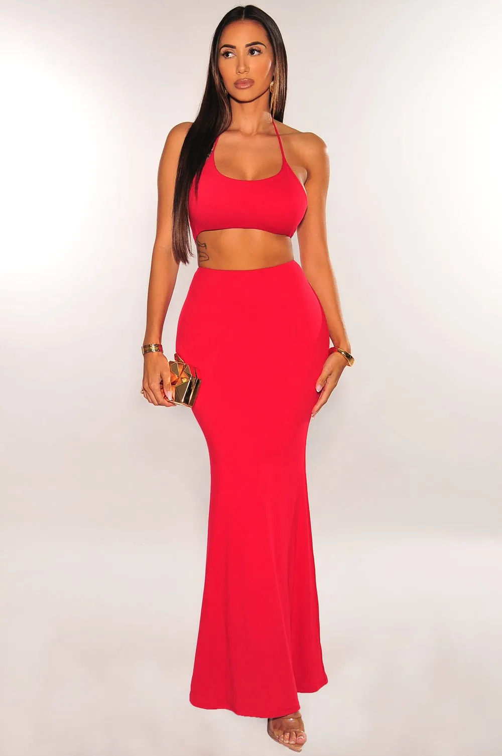 Red Halter Cut Out Mermaid Maxi Dress sold by Hot Miami Styles