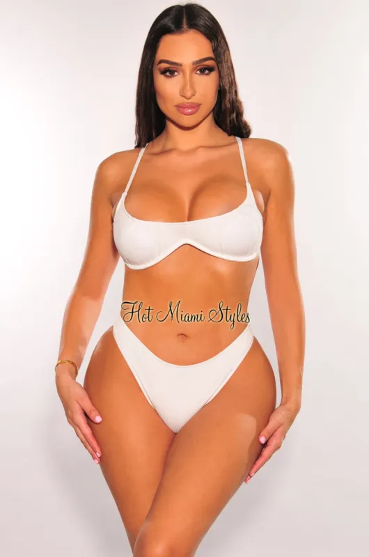 White Ribbed Padded Spaghetti Straps Underwire Bikini Top sold by Hot Miami Styles