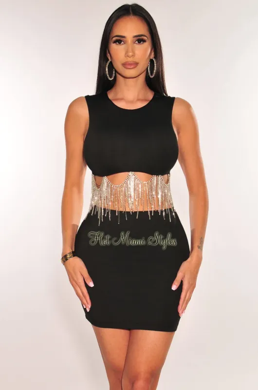 Black Sleeveless Rhinestone Fringe Mini Skirt Two Piece Set sold by Hot Miami Styles