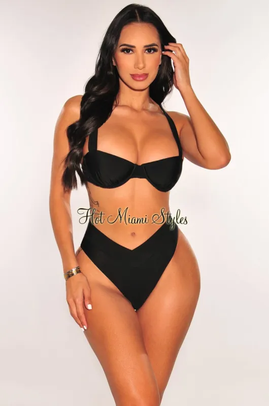 Black Underwire High Waist Ruched Cheeky Bikini Top sold by Hot Miami Styles