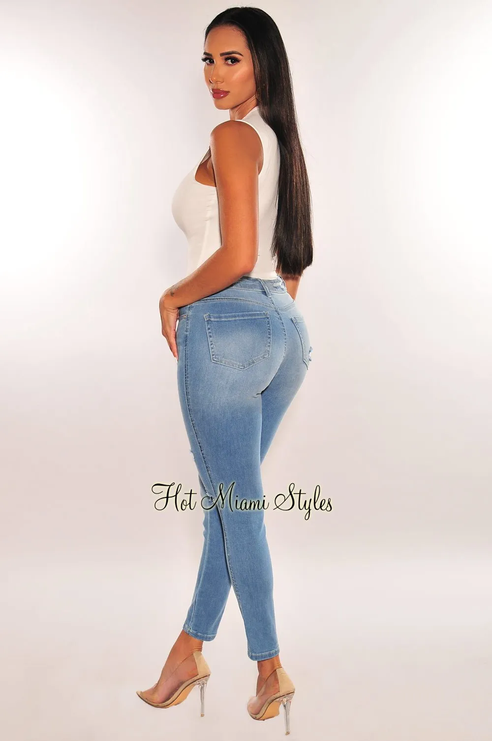 Light Denim High Waist Ripped Skinny Jeans sold by Hot Miami Styles product image thumbnail 2