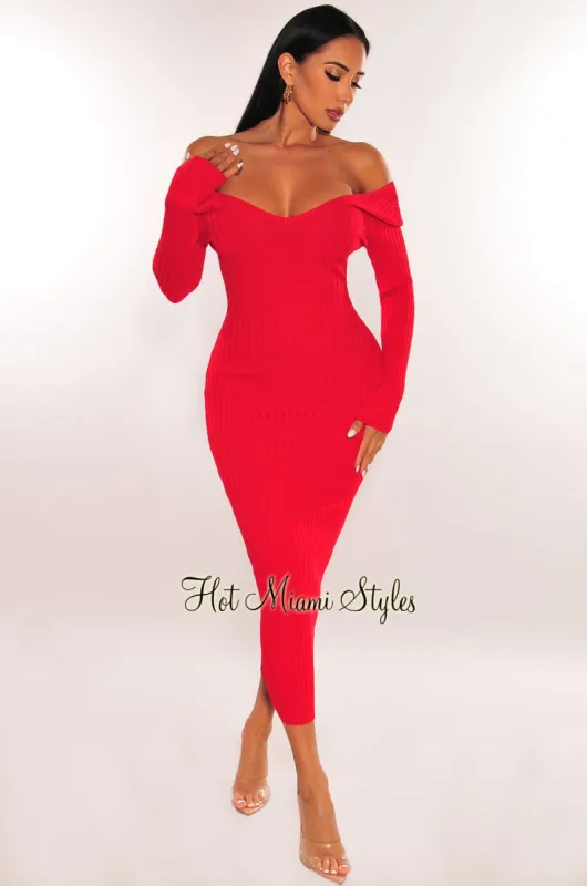 Red Ribbed Knit Long Sleeves Dress sold by Hot Miami Styles