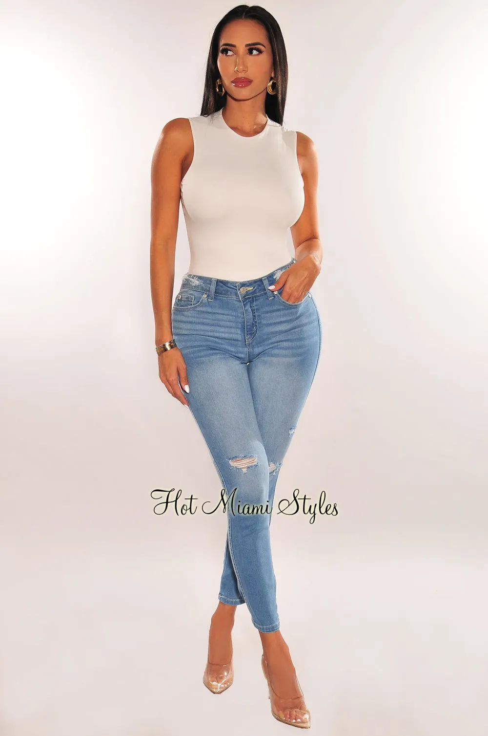 Light Denim High Waist Ripped Skinny Jeans sold by Hot Miami Styles