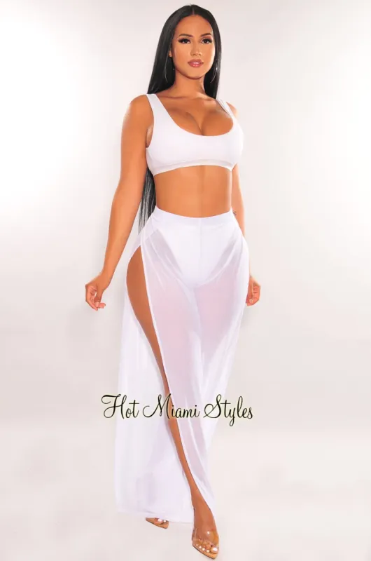 White Mesh Sheer High Waist Double Slit Cover Up Pants sold by Hot Miami Styles