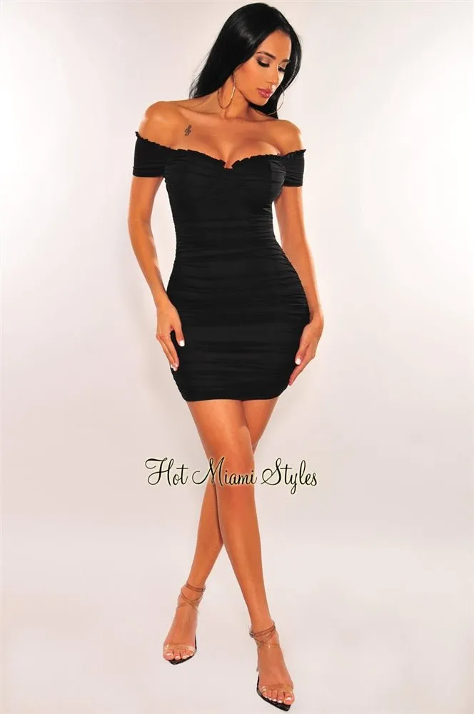 Black Mesh Padded Off Shoulder Ruched Dress sold by Hot Miami Styles product image thumbnail 3