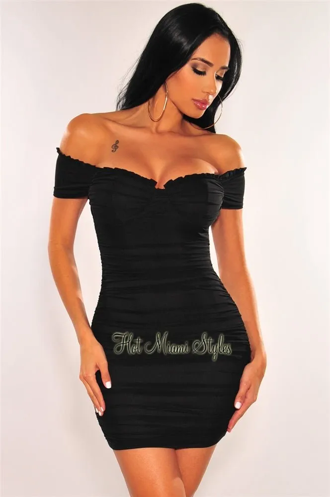 Black Mesh Padded Off Shoulder Ruched Dress sold by Hot Miami Styles