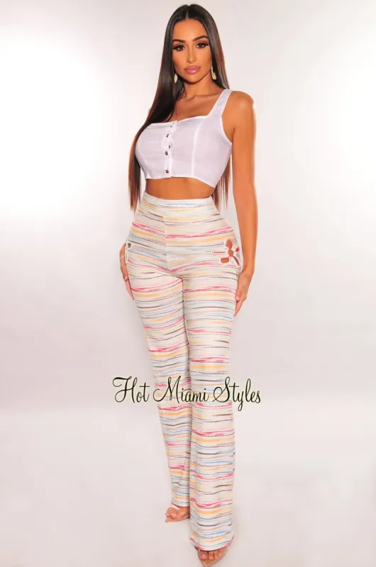 White Multi Color Knit Flower Ring Flare Pants sold by Hot Miami Styles