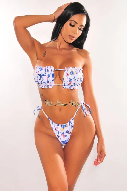 White Butterfly Print Ruched Bust Frill Padded Bandeau Bikini Bottom sold by Hot Miami Styles