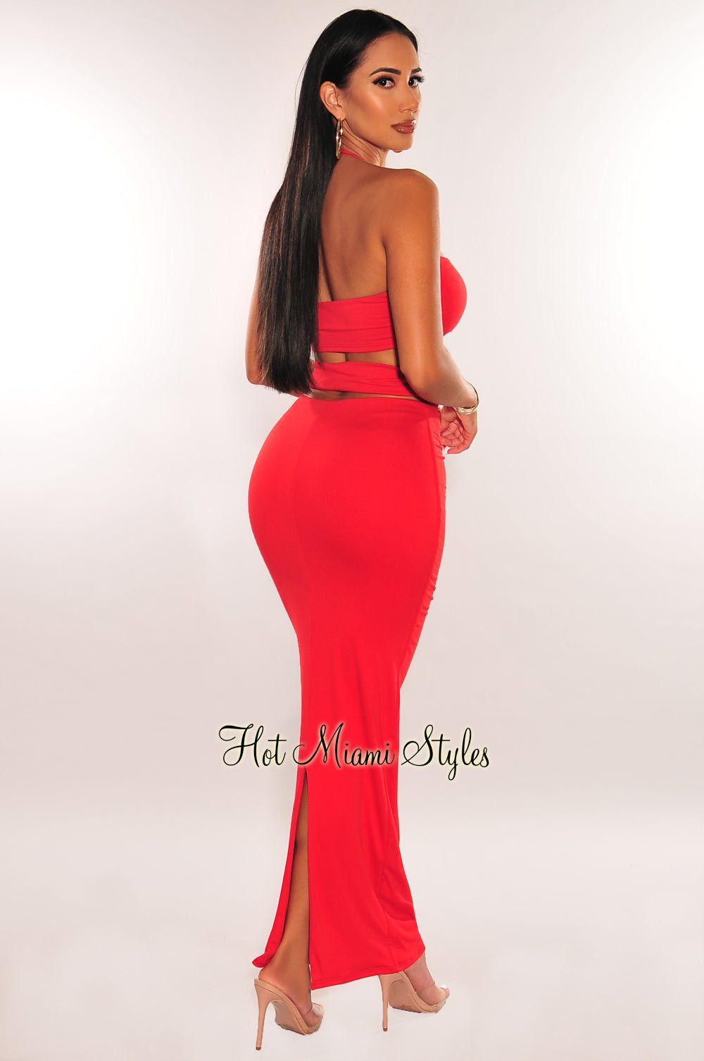 Red Gold Ring Halter Maxi Skirt Two Piece Set sold by Hot Miami Styles product image thumbnail 2